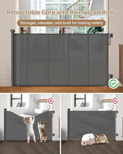 Upgraded Retractable Baby Gate - 71" Wide 34" Tall Mesh Child Safety Gate with High-Density Reinforced Rods, Easy One-Hand Operation Retractable Dog Gate, Fits Baseboards, Gray