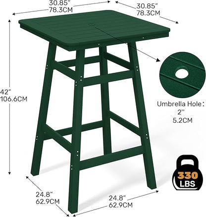 Costaelm Outdoor Bar Table, 42" Counter Height Square Patio Cocktail Bar Table with Umbrella Hole, Patio Bistro Dining Pub Table for Front Porch Deck Backyard Garden, Dark Green