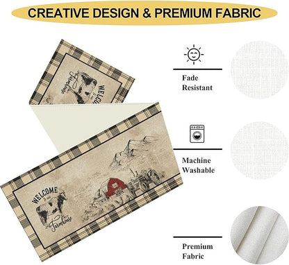 Farmhouse Table Runner, Rustic Country Barn Cottage Rooster Cow Check Animal Coffee Table Center Decor for Home Kitchen Dining Patio Holiday Party Indoor Outdoor Table Decorations 13"x72"