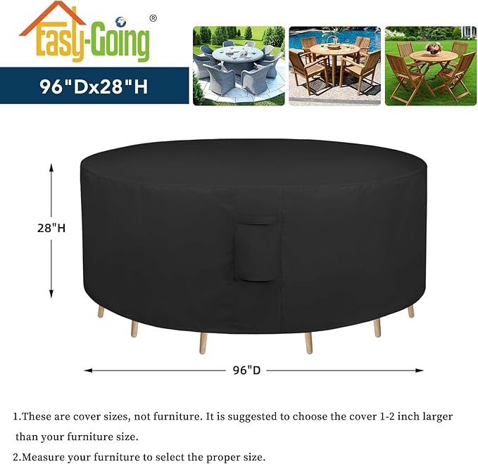 Easy-Going Round Patio Furniture Cover Waterproof Outdoor Dining Table and Chair Cover Anti-UV Outside Sectional Sofa Set Covers (96"DIA x 28"H, Black)