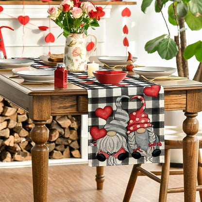 Artoid Mode Watercolor Buffalo Plaid Hearts Gnomes Love Valentine's Day Table Runner, Seasonal Anniversary Wedding Holiday Kitchen Dining Table Decoration for Indoor Outdoor Home Decor 13 x 90 Inch