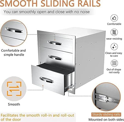 Stainless Steel Outdoor Kitchen 3-Drawer BBQ Drawer - Built-in, Flush Mount - 16Wx23Dx21H