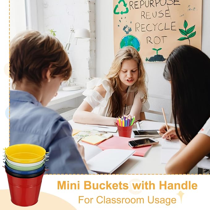 Small Metal Buckets, Mini Buckets with Handle Galvanized Colored Tin Pail Containers Basket Party Supplies - Fit for (Halloween - Classroom Crafts) 5" & 10Pcs & Black