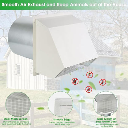 8 Inch Hooded Wall Vent with Screen and Damper,Outdoor Wall Exhaust Vent Cover Wall Cap for Exterior Kitchen Range Hood Ventilation Dryer HVAC Duct Air Exhaust, Galvanized Steel, White