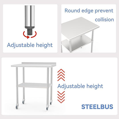 24x30 Inch Stainless Steel Work Table with Backsplash and Undershelf, Casters, Commercial Prep Table, Heavy Duty Kitchen Workbench, NSF Certified