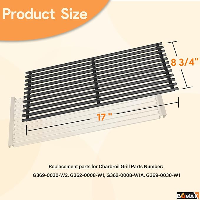BQMAX Grill Grate for Charbroil Tru-Infrared 463632320 463642316 466642416 463644220 463632520, 17 x 8 3/4 inch Cooking Grate for Charbroil 2-Burner Grill G362-0008-W1, G369-0030-W2 Replacement Parts