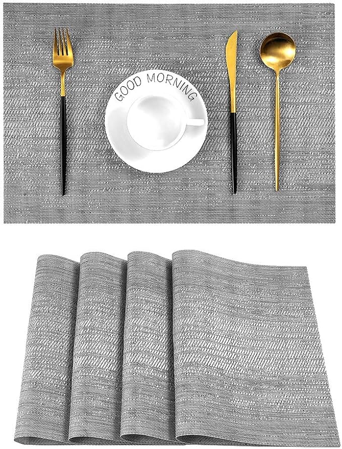 Leetaltree Grey Placemats, Heat Resistant Non-Slip Place mats for Dining Table, Washable Durable PVC Vinyl Woven Table Mats (Set of 4)