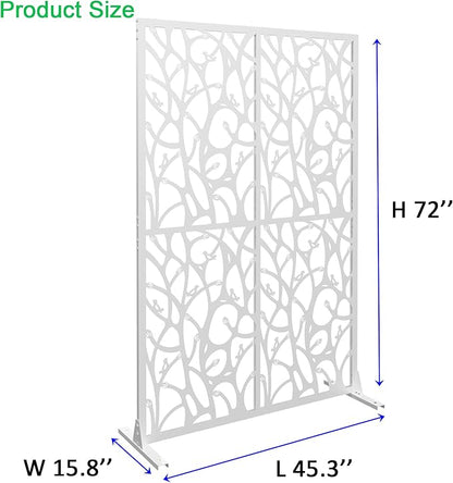 Metal Privacy Screen Room Divider 72" H x 45.3" W, Free Standing Decorative Panel with Bird Design for Indoor Outdoor Use, Black Iron Partition for Patio Balcony Garden (Bird White)