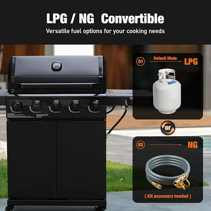 Brand-Man PRO 5-Burner Propane Gas Grill,14000 BTUs Searing Zone with Infrared-Mesh, Porcelain-Enameled Cast Iron Grates and Griddle, Side Burner & Natural Gas Convertible for Outdoor Barbecue Cooking