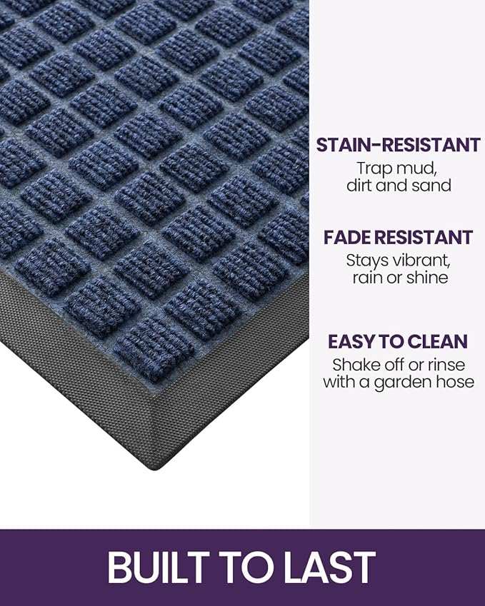 DEXI Front Door Mat Outside Entrance, 17x29 Rubber Entry Doormat Heavy Duty, Welcome Mats Non Slip for Inside House Floor Entryway Double Doors Exterior Patio, Checkered Blue