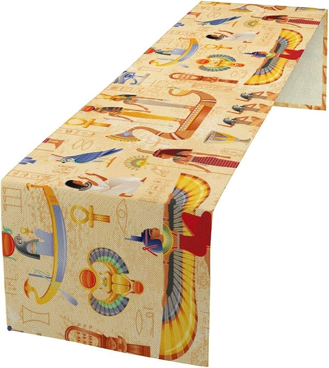 Egypt Table Runner, Ancient Egyptian Mythology Gods Hieroglyphic Elements Retro Farmhouse Table Runner for Home Kitchen Dining Party Indoor Outdoor 13x90in