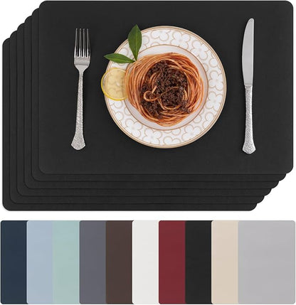 SHACOS Placemats Set of 6 Faux Leather Waterproof Leakproof Wipeable PU Non-Slip Vinyl Place Mats Heat Resistant Table Mats for Kitchen Dining Table Indoor Outdoor, Black