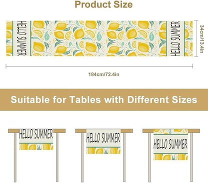 Spring Yellow Lemon Table Runner, Hello Summer Seasonal Exotic Fresh Fruits Plants Branch Leaves Print Table Cover for Farmhouse Kitchen Table Party Decor, 13x108inch