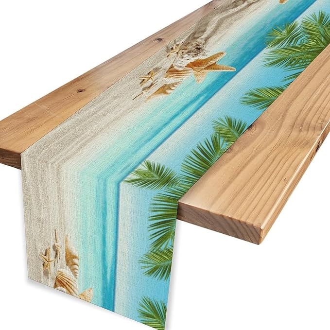 Summer Coastal Table Runner, Nautical Starfish Beach Seashell Ocean Tropical Palm Seasonal Coffee Table Center Decor for Home Kitchen Dining Patio Holiday Party Table Decorations 13"x36"