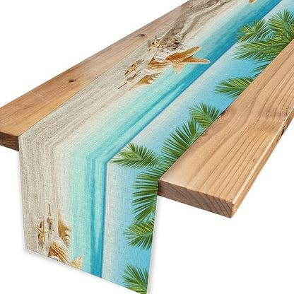 Summer Coastal Table Runner, Nautical Starfish Beach Seashell Ocean Tropical Palm Seasonal Coffee Table Center Decor for Home Kitchen Dining Patio Holiday Party Table Decorations 13"x72"