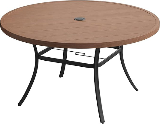 VICLLAX 60" Outdoor Round Patio Table for Lawn Garden, All Weather Metal Round Patio Dining Table with Adjustable Umbrella Hole, Oudoor Table for 8-10 Person, Walnut Wood-Like Tabletop