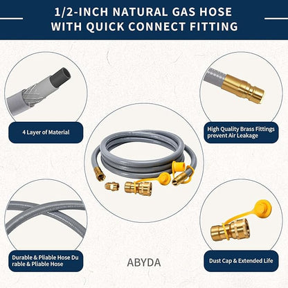 ABYDA 10Feet 1/2" ID Natural Gas Hose Low Pressure LPG Hose with Quick Connect -for BBQ, Grill, Pizza Oven, Patio Heater, and More - Propane to Natural Gas Conversion Kit - CSA Certified