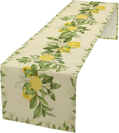 Summer Lemon Table Runner, Spring Blooming Lemon Tree Branches Bouquets Yellow Green Leaves Table Runner for Farmhouse Home Dining Kitchen Table Party Decor, 13x60inch