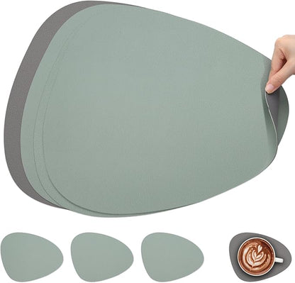 Myir JUN Placemats, Dual-Sided Placemats Waterproof Faux Leather Placemats Set of 6 Place Mats and Coasters Non-Slip Washable Table Mats for Dining Table (Gray Sage Green, Set of 4)