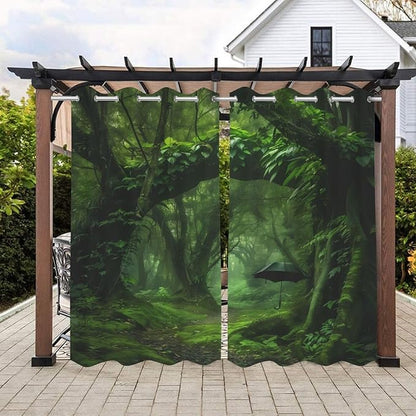 Nature Theme Waterproof Indoor/Outdoor Curtains,Forest Pattern,Privacy Curtains for Porch Pergola Arbor Lanai Pool House Outside Deck,2 Panel,W42 x L63,Green