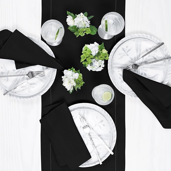 Solino Home Linen Black Table Runner 108 Inches Long - 100% Pure Linen 14 x 108 Inch Table Runner for Winter, Spring, Easter - Classic Hemstitch
