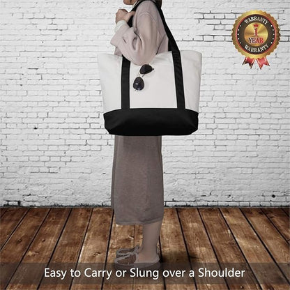 TOPDesign 6-Pack Canvas Tote Bags with an External Pocket, Reusable Grocery Shopping Bags, Top Zipper Closure, Daily Essentials (Black/Natural)