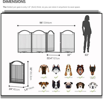 4NM Metal No Drilling Expandable Dog Gate, Extra Wide 96", Extra Tall 32" Free Standing Pet Gate with Door, Gates for Dogs Outdoor or Indoor, with 3PCS Support - Black
