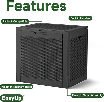 EasyUp 34 Gallon Resin Deck Box Waterproof, UV Resistant Outdoor Storage Box for Delivery, Garden, Patio,and Porch, Rattan Black