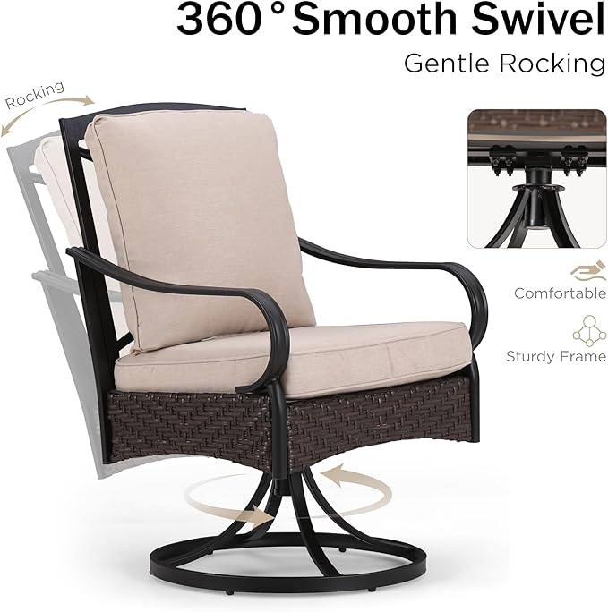 PHI VILLA 7-Piece Outdoor Dining Set, Heavy Duty Patio Table and Chairs Set with Umbrella for 6, 64" Rectangular Patio Metal Table & Wicker Dining Chairs with Cushions, 2 Swivel
