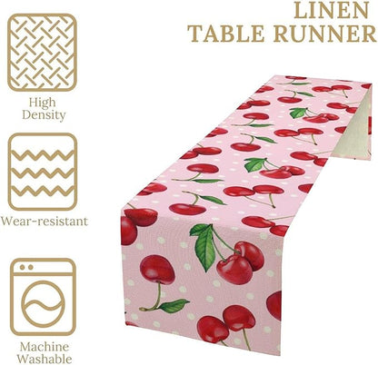 Red Cherry Table Runner, Tropical Fruit Polka Dot Print Table Runner for Birthday Party Dining Room Home Kitchen 13x120in