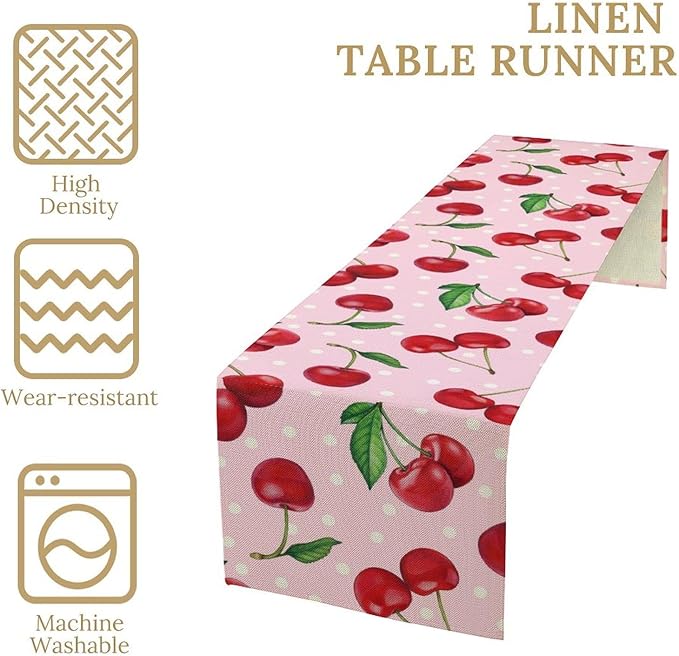 Red Cherry Table Runner, Tropical Fruit Polka Dot Print Table Runner for Birthday Party Dining Room Home Kitchen 13x108in