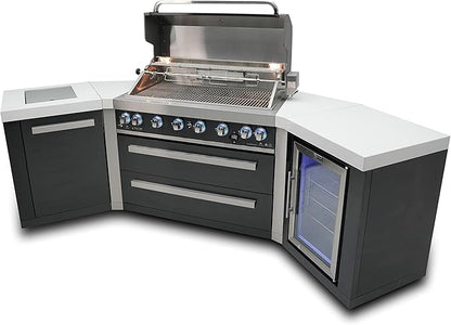 Mont Alpi MAi805-BSS45FC 44-inch 6-Burner 115000 BTU 45 Degree Black Stainless Steel Gas Outdoor Kitchen Bar Island Grill w/Fridge Cabinet + Infrared Side & Rear Burner