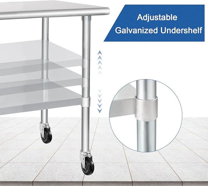 HARDURA Stainless Steel Table with Wheels 24 x 72 Inches Casters NSF Heavy Duty Commercial Work & Prep Table with Undershelf and Galvanized Legs for Restaurant Kitchen Bar and Hotel Garage