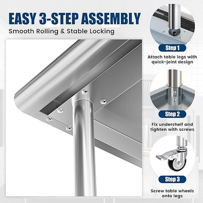 Stainless Steel Work Table with Wheels, 24x60 Inch NSF Food Prep Table with Backsplash & Adjustable Undershelf for Commercial Kitchen, Restaurant, Garage