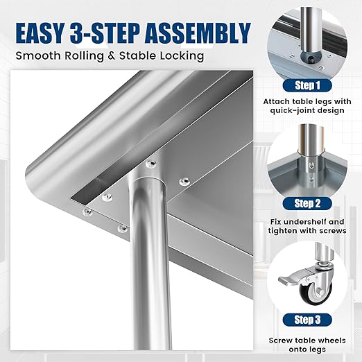 Stainless Steel Work Table with Wheels, 24x60 Inch NSF Food Prep Table with Backsplash & 2 Adjustable Undershelves for Commercial Kitchen, Restaurant, Garage