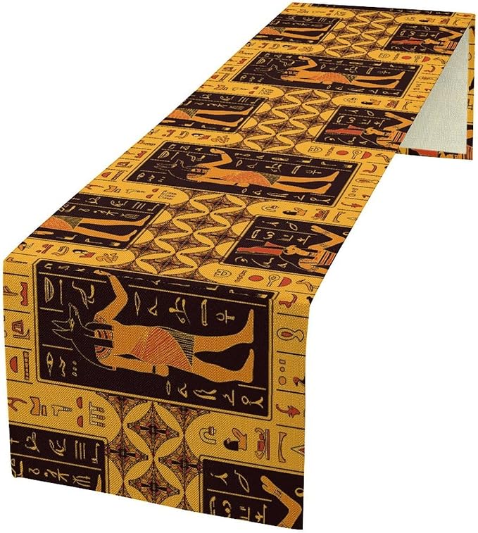 Retro Egypt Table Runner, Vintage Egyptian Gods Ancient Egyptian Hieroglyphs Table Runner for Kitchen Family Dining Holiday Party 13x90in