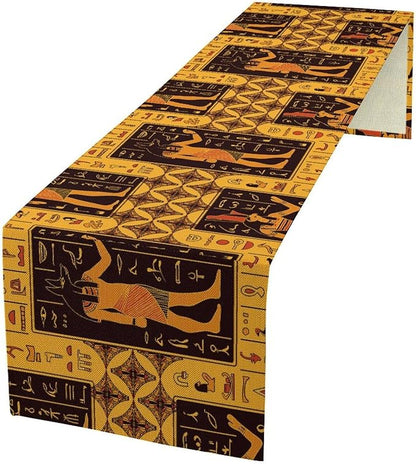 Retro Egypt Table Runner, Vintage Egyptian Gods Ancient Egyptian Hieroglyphs Table Runner for Kitchen Family Dining Holiday Party 13x70in