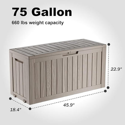 75 Gallon Outdoor Storage Box, Resin Deck Boxes Waterproof, Indoor Outdoor Bin for Package Delivery, Patio Cushions, Gardening Tools, Lockable, UV Resistant