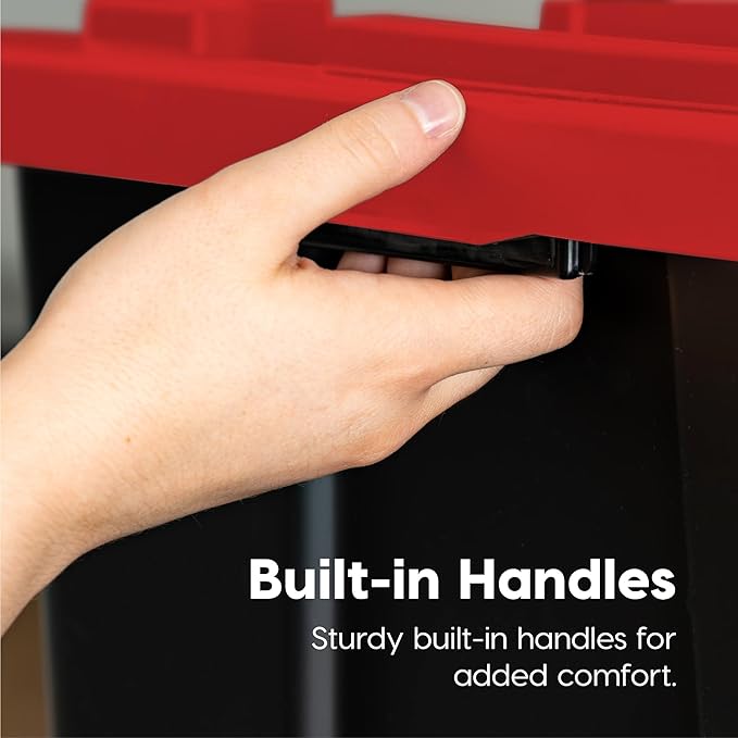 IRIS USA 4-Pack 27 Gallon Storage Bins with Lids |Made in USA| Heavy Duty Plastic Tote Containers for Truckbed Tool Box Organization, Large - Red