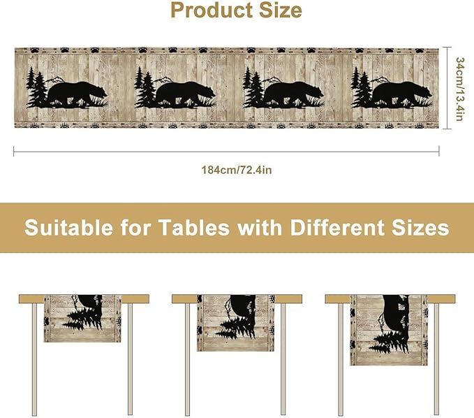 Bear Table Runner, Wild Animals Rustic Cabin Forest Bear Print Wooden Board Table Runner for Dining Kitchen Home 13x120in
