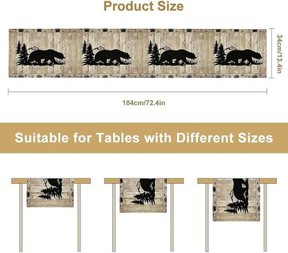 Bear Table Runner, Wild Animals Rustic Cabin Forest Bear Print Wooden Board Table Runner for Dining Kitchen Home 13x60in