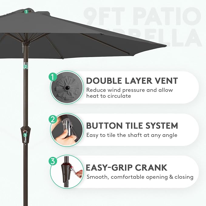 JEAREY 9FT Outdoor Patio Umbrella, Market Umbrella, Dark Gray | Outdoor Table - Image 2
