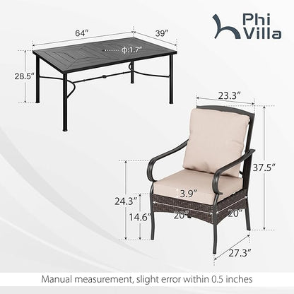 PHI VILLA Outdoor Dining Set for 6, All-Weather Patio Table and Chairs Set for 6, Heavy Duty Rectangle Patio Table Set for Deck, 6 Extra Large Outdoor Stationary Dining Chairs with Thick Cushions