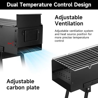 WILLBBQ Charcoal Grills Commercial Quality Portable Hibachi BBQ Folded Camping Barbecue Grill for Backyard Party Outdoor Cooking Use，Perfect Christmas Gifts for Dad (31.6x7.1x5.1 inch), BLACK