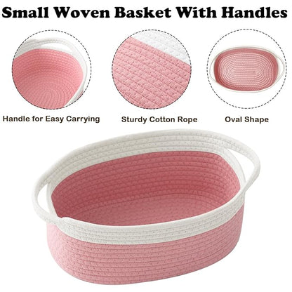 Gift Basket with Gift Bag and Ribbons,Small Rope Woven Shelf Storage,Baskets for Gifts Empty,Birthday,Baby Shower,Decorative Organizer Box with Handles(White&Pink)
