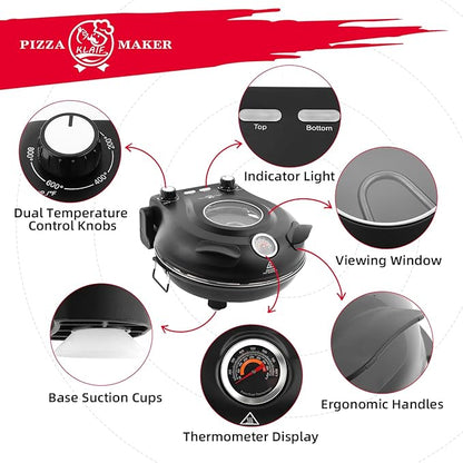 KLAIF 12" Electric Countertop Pizza Oven Indoor With Ceramic Stone, Dual Adjustable Temperature Controls, Includes 4 Pizza Tools, LMC-Black