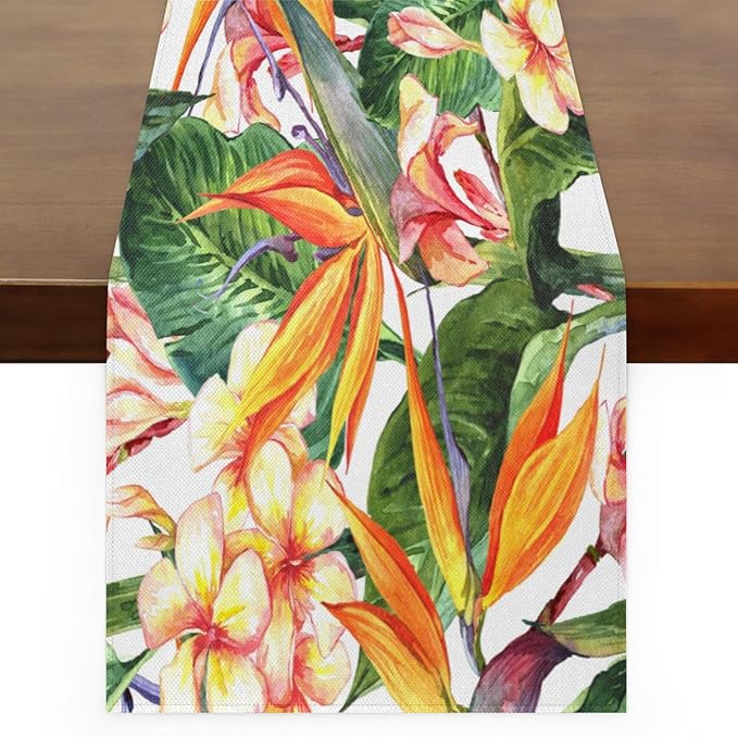 Tropical Exotic Flowers Bird Paradise Table Runner Kitchen Dining Table Runner 13*36in Table Center Decor for Indoor Outdoor Home Holiday Party