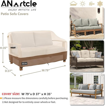 3-Seater Patio Sofa Cover,79W x 37D x 35H Inches Outdoor Couch Cover,100% Waterproof Heavy Duty Patio Sofa Covers,Patio Furniture Covers,Beige&Brown