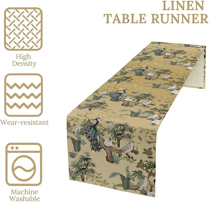 Asian Table Runner,Ruatic Traditionla Chinese Style Penoy Floral Branch Table Center Decor for Home Kitchen Dining Patio Party Indoor Table Decorations, 13"x108"