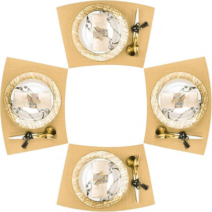 Round Table Placemats Set of 4, Faux Leather Heat Resistant Table Mats, Waterproof Wipeable PU Place Mats, Gold